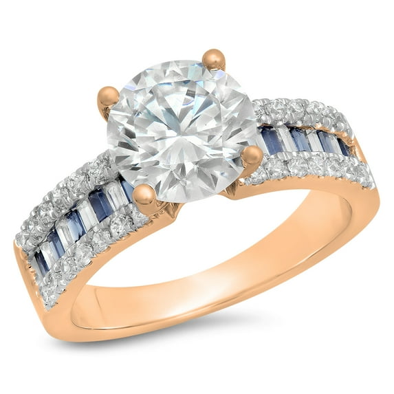 5.80 Carat (ctw) 10K Rose Gold Round & baguette Blue Sapphire & White Cubic Zirconia CZ Classic Solitaire with Accents B