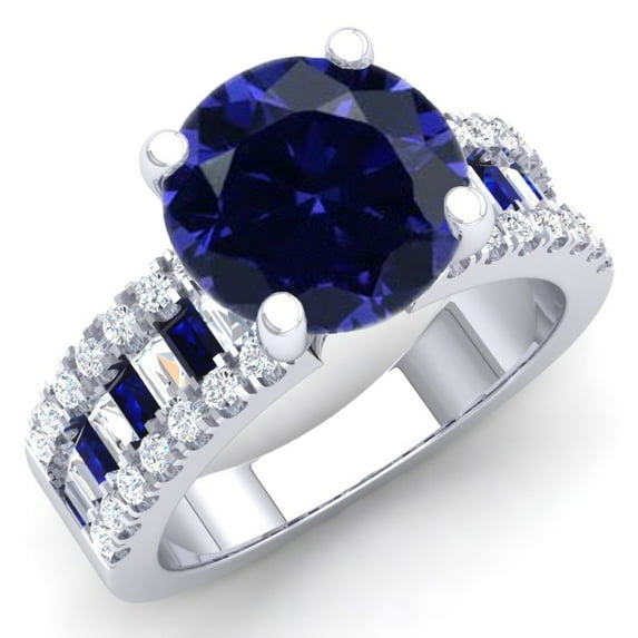 5.80 Carat (ctw) 10K White Gold Round & baguette Blue & White Cubic Zirconia CZ Classic Solitaire with Accents Bridal En