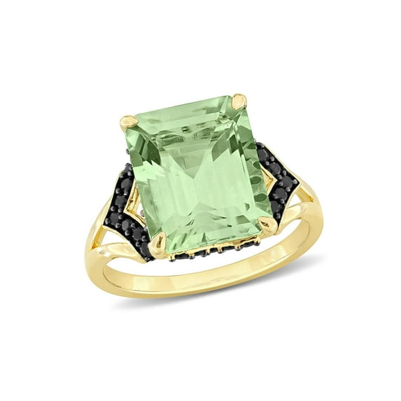 5.81 Carat (Ctw) Green Quartz and Black Sapphire Ring in Yellow Sterling Silver for Women