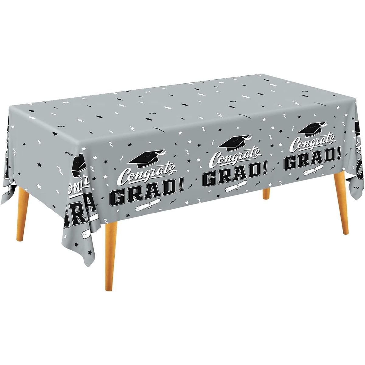 5.83 FT Class of 2026 Graduation Tablecloth, 2026 Grad Party Supplies with "Congrats Grad!", Graduation Cap & Diploma Motif, Disposable Waterproof Table Cover for Home Decor #Light Gray