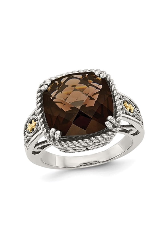 5.85 Carat (Ctw) Cushion-Cut Smoky Quartz Ring in Antiqued Sterling Silver for Women