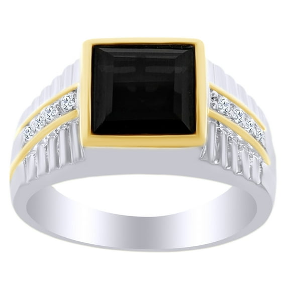 AFFY 5.89 Ct Square Cut Black Cubic Zirconia & Simulated White Topaz Two-tone Men's Ring in 14k White Gold Over Sterling SilverRing Size - 9.5