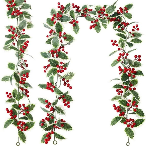 5.8FT Red Berry Christmas Garland with Holly Leaves for Mantle Decorations Xmas Tree Garland, Winter Christmas Holiday Decor Outdoor Indoor for Stairs Railing
