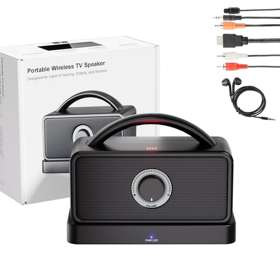 5.8 GHz Wireless TV Speakers for Hard of Hearing Seniors, Portable TV Speaker Amplifies TV Sound, 0ms Audio-Video Sync, 20Hrs+ Playback, AUX/RCA/Coax/Opt, All Cables Included