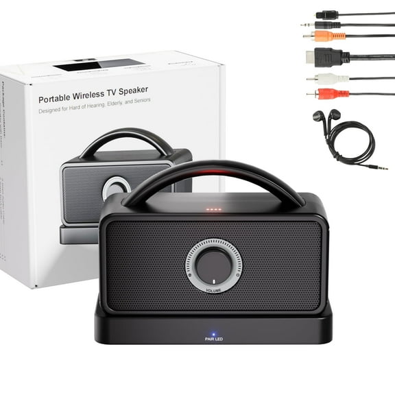 5.8 GHz Wireless TV Speakers for Hard of Hearing Seniors, Portable TV Speaker Amplifies TV Sound, 0ms Audio-Video Sync, 20Hrs+ Playback, HDMI(ARC)/AUX/RCA/Coax/Opt, All Cables Included