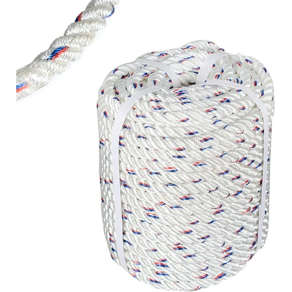 5/8In x 150FT Double Braid Polyester Arborist Bull Rope | Rigging Hoisting Line Utility Rope | High Strength Tree Rope,White with Blue & Red Tracers