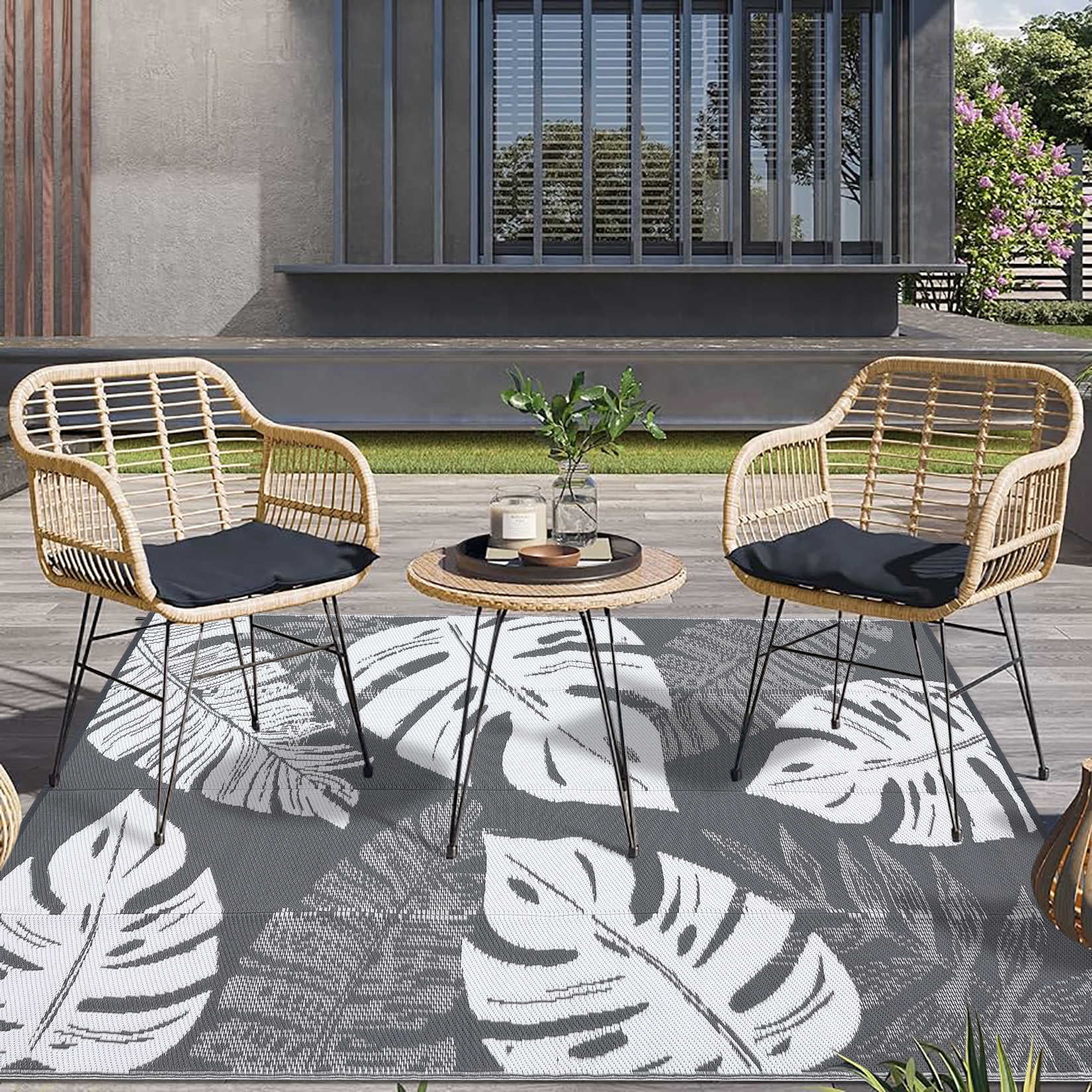 5*8ft/6*9ft/9*12ft/8*10ft/9*18ft/10*14ft/10*20ft Plastic Straw Rug Outdoor Rug Modern Leaves Area Rug Waterproof Patio Rug Outdoor Camping Rug for RV Porch Deck Camper Balcony Backyard