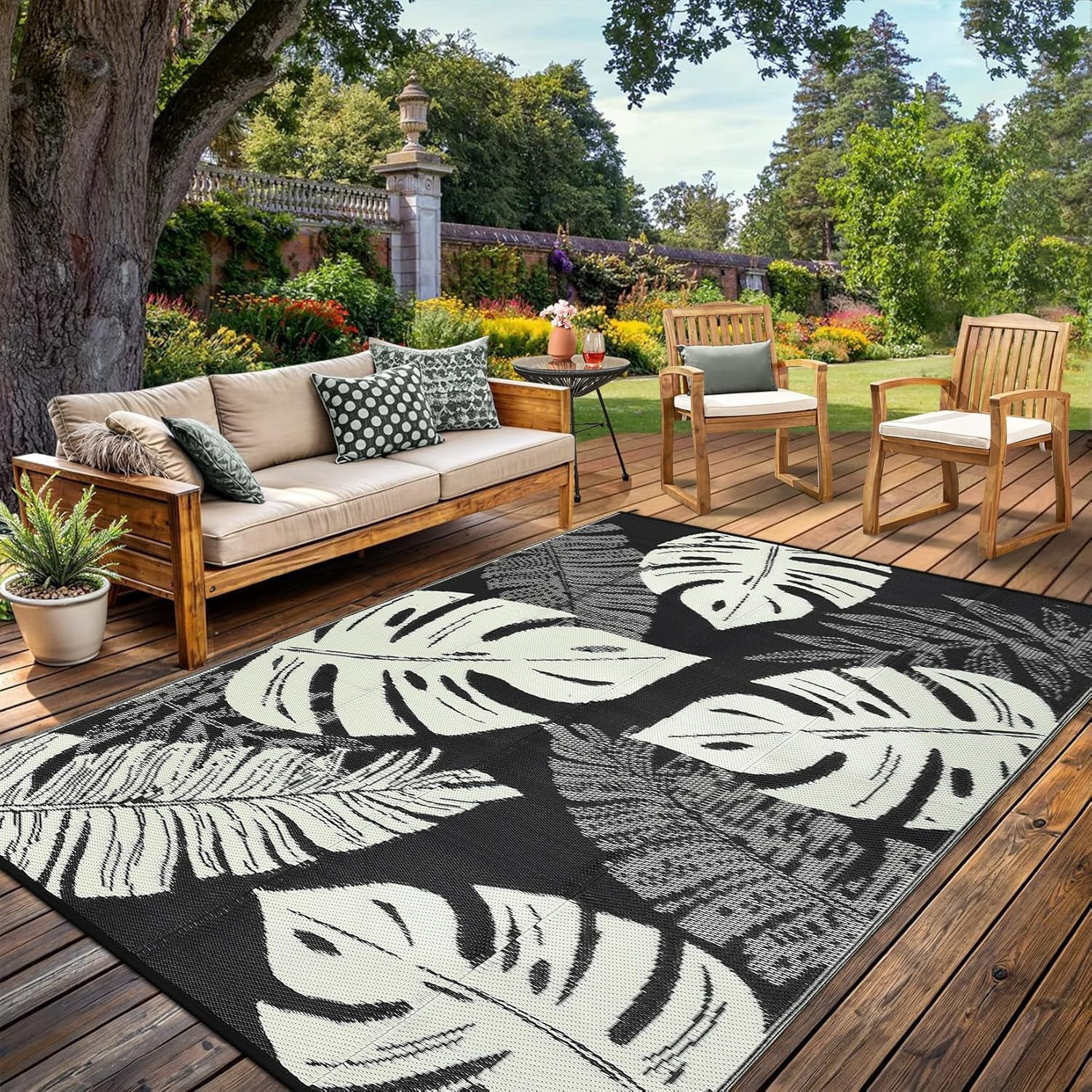5*8ft/6*9ft/9*12ft/8*10ft/9*18ft/10*14ft/10*20ft Plastic Straw Rug Outdoor Rug Modern Leaves Area Rug Waterproof Patio Rug Outdoor Camping Rug for RV Porch Deck Camper Balcony Backyard