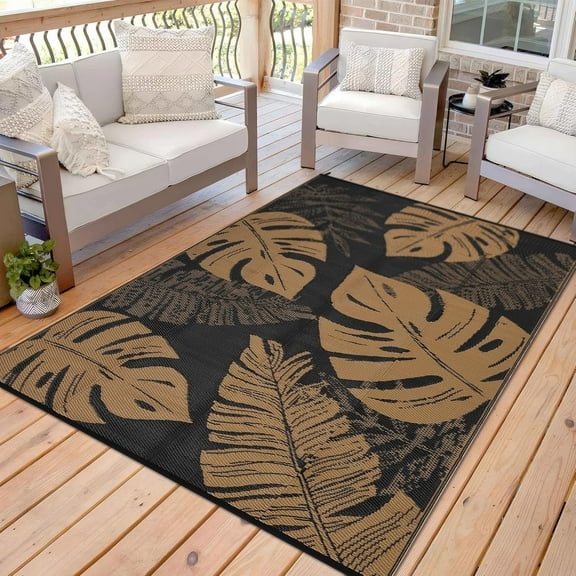 5*8ft/6*9ft/9*12ft/8*10ft/9*18ft/10*14ft/10*20ft Plastic Straw Rug Outdoor Rug Modern Leaves Area Rug Waterproof Patio Rug Outdoor Camping Rug for RV Porch Deck Camper Balcony Backyard