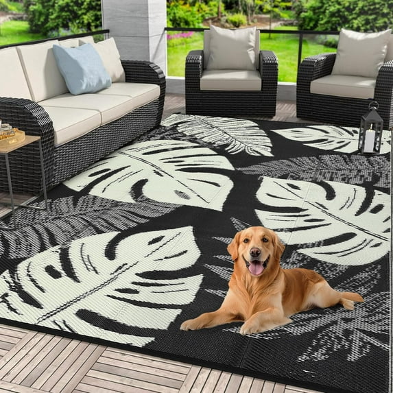 5*8ft/6*9ft/9*12ft/8*10ft/9*18ft/10*14ft/10*20ft Plastic Straw Rug Outdoor Rug Modern Leaves Area Rug Waterproof Patio Rug Outdoor Camping Rug for RV Porch Deck Camper Balcony Backyard