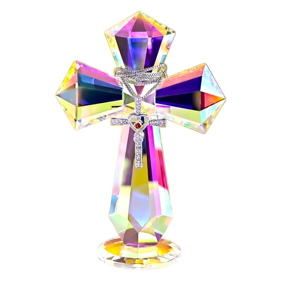 5.8inch Clear Crystal Cross Decor -Handmade K9 Glass Religious Figurine Standing Tabletop Decor for Home Altar,Wedding Centerpiece,Church & Office,Christian Gift for Women Men (Multicolor)