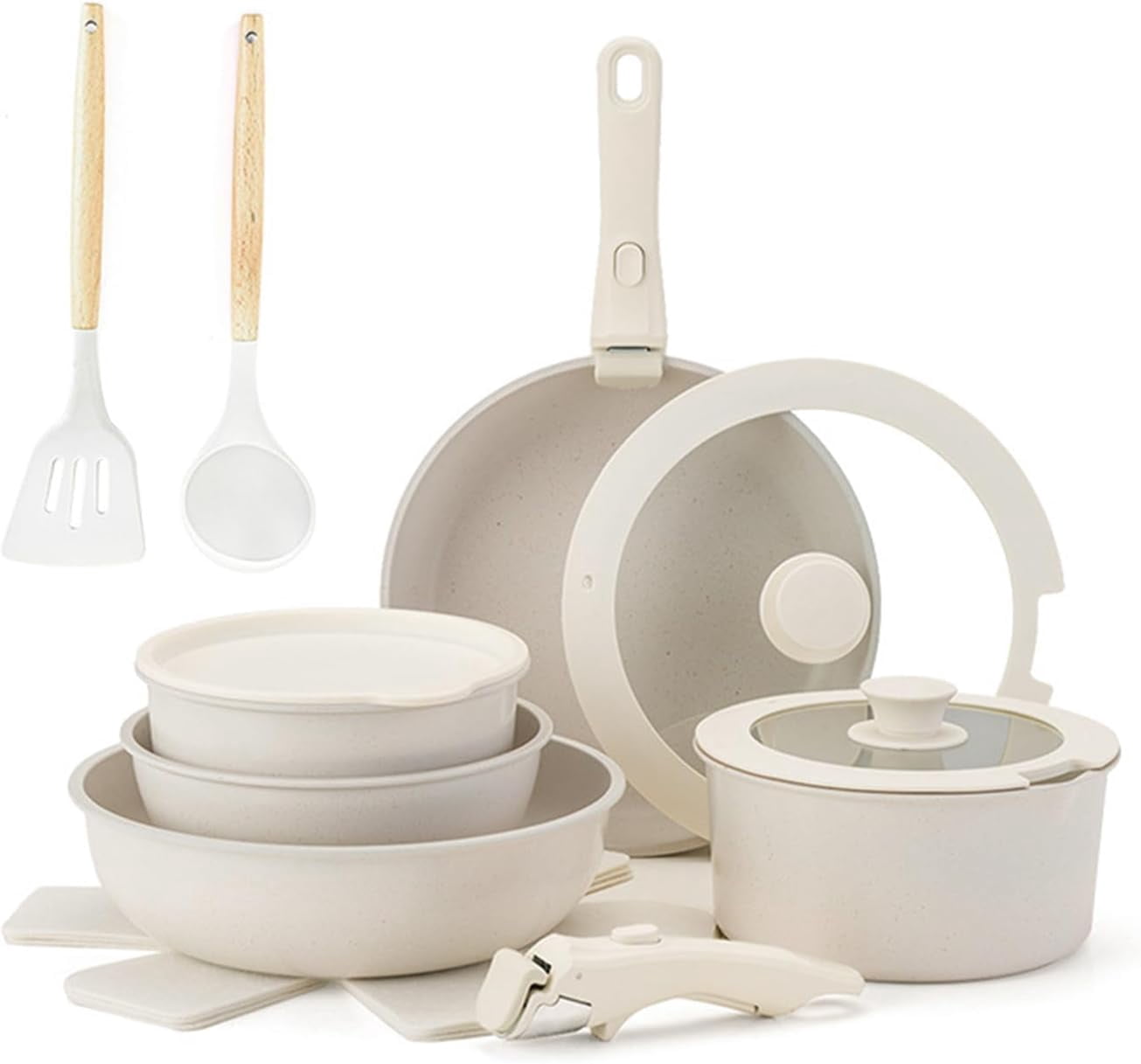 Gourmetific Kochgeschirr-Set – 5-teilig, Mit Abnehmbarem Griff, Induktionsgeeignet & Stapelbar (weiß)