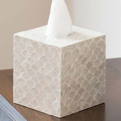 5.9" Capiz Shell Tissue Box Cover for Kleenex and More, Square Decorative Holder with Bottom Slider, Handmade Bathroom Accessory Coastal Dcor (Natural)$$Home Decor, Kitchen, & Other