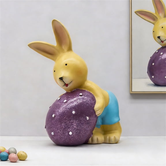 5.9" Easter Resin Cartoon Bunny Holding Egg Figurine, Easter Bunny Figurine for Garden & Tabletop, Easter Decorations for Home Indoors, Purple