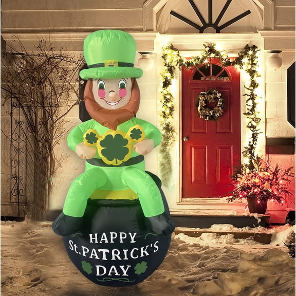 5.9 Foot St Patricks Day Inflatable St Patricks Day Decorations Outdoor Giant Inflatable Leprechaun with LED Light Holding Shamrocks Beer for Irish Day Yard Decoration Lucky Decor Fun Holiday Blow Up