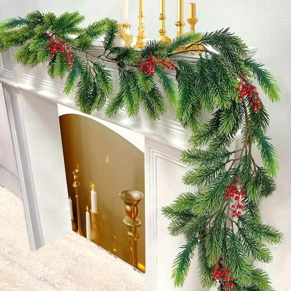 5.9 Ft Artificial Norfolk Pine Garlandswith Berry, Realistic Pine Garland, Green Artificial Greenery Garland for Table, Mantle, Wall, Indoor, Outdoor Winter Christmas Decorations Christmas Garlands
