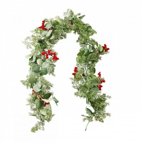 5.9 Ft Christmas Holly Berry Vine Garland, 1 PCS Artificial Greenery with Green Leaves and Red Berries, Bendable Greenery Garland for Indoor Outdoor Xmas Holiday Decorations