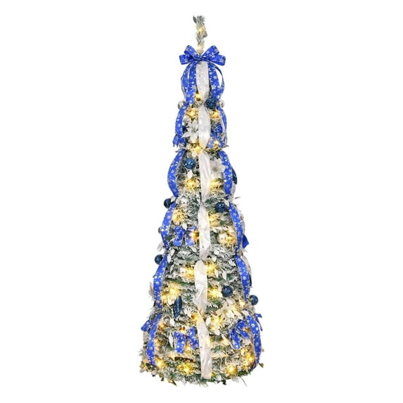 5.9 Ft Prelit Full up Christmas Tree with Warm Lights, Ornaments, Red&Gold Ribbon, Flowers, Bows, Battery Powered, Collapsible Outdoor Indoor Holiday Party Decor