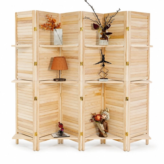 5.9 Ft Tall Wooden Foldable Room Divider, 6-Panel Freestanding Partition Wall with Shelves, Indoor Hinged Privacy Screen for Living Room, Natural