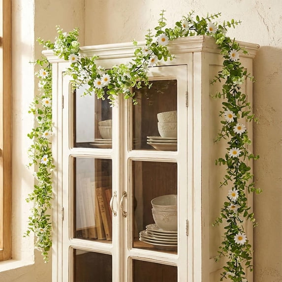 5.9 Ft White Flower Garland Artificial Summer Spring Faux Daisy Wildflower Floral Garland Spring Wreath for Wedding Arch Porch Stair Table Indoor Door Home All Year Decoration