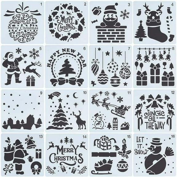 5.9 Inch 16 Styles Santa Claus Stencils Reusable Painting Christmas Stencil Plastic Drawing Templates DIY Decorative Socks Presents Tree Snowman Template Crafts for Wood Wall Decor White