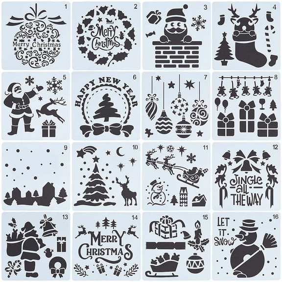 5.9 Inch 16 Styles Santa Claus Stencils Reusable Painting Christmas Stencil Plastic Drawing Templates DIY Decorative Socks Presents Tree