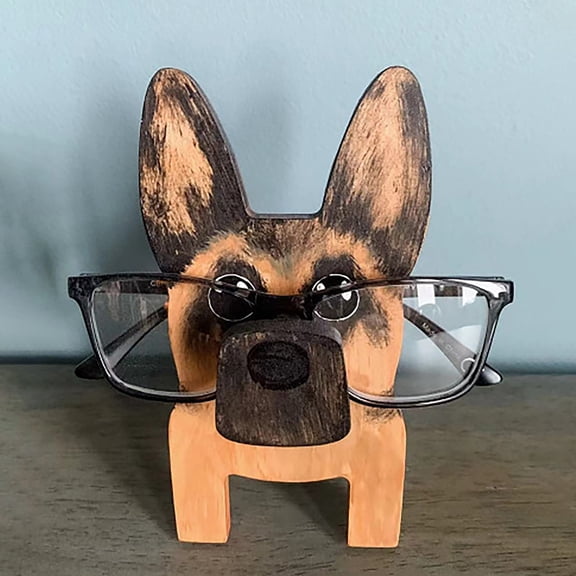 5.9 Inch Creative Animal Glasses Holder Display Stand 3D German Shepherd Dog Eyeglass Stand Spectacles Holder Creative Handmade Wood Carved Sunglasses Rack for Shelf Home Office Desktop Décor Gift(E)
