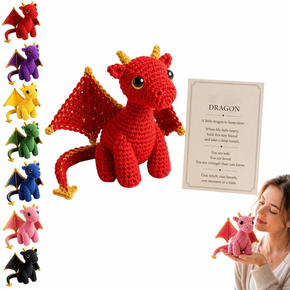 5.9 Inch Emotional Support Dragon Pocket Buddy, Hand-Knitted Winged Dragon Plush with Motivational Card, Anxiety Relief Desktop Keepsake Gift for Home & Office