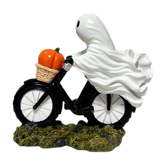 5.9 Inch Resin Cute Ghost Riding Bicycle Halloween Figurine with Pumpkin Basket, Spooky Adorable Tabletop Decor for Home Office Shelf Mantel, Gift for Halloween Party