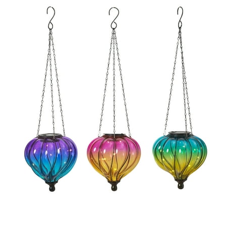 5.9 Inch Solar Lighted Hand Blown Glass Hanging Luminaries Set of 3