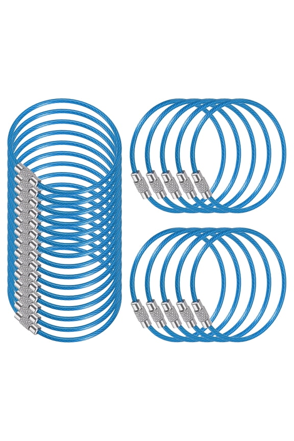 5.9 Inch Stainless Steel Wire Keychain Cable Key Ring Loop, Blue, 25 Pack