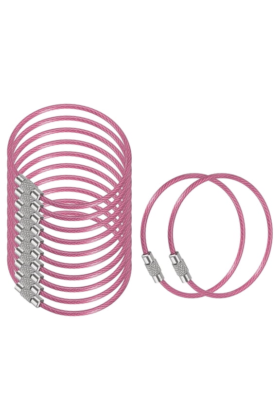 5.9 Inch Stainless Steel Wire Keychain Cable Key Ring Loop, Pink, 12 Pack