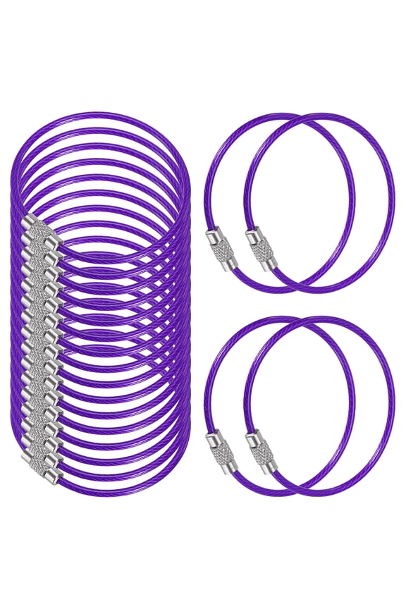 5.9 Inch Stainless Steel Wire Keychain Cable Key Ring Loop, Purple, 20 Pack