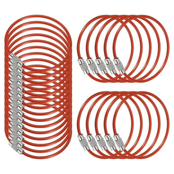 5.9 Inch Stainless Steel Wire Keychain Cable Key Ring Loop, Red, 25 Pack