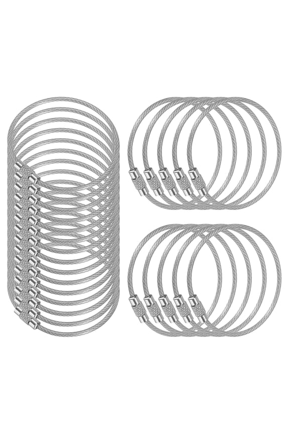 5.9 Inch Stainless Steel Wire Keychain Cable Key Ring Loop, Silver, 25 Pack