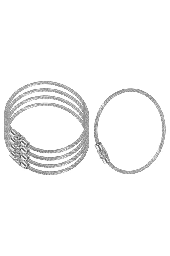 5.9 Inch Stainless Steel Wire Keychain Cable Key Ring Loop, Silver, 5 Pack