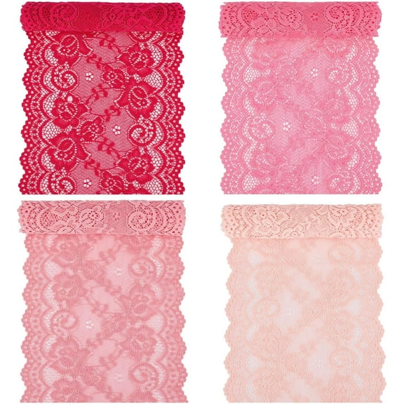 5.9 Inch Wide 4 Yards 4 Colors Stretch Flower Wavy Edge Lace Trim Elastic Nylon Lace Ribbon Web Craft Fabric Scallop Headband Embroidery Crochet Tulle for DIY