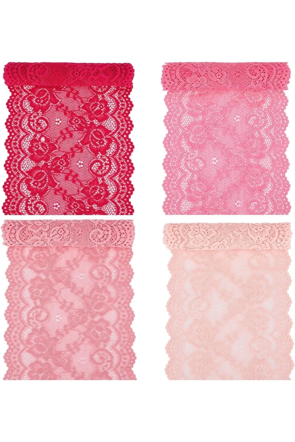 5.9 Inch Wide 4 Yards 4 Colors Stretch Flower Wavy Edge Lace Trim Elastic Nylon Lace Ribbon Web Craft Fabric Scallop Headband Embroidery Crochet Tulle for Wedding Decor Sewing Hair Colorful