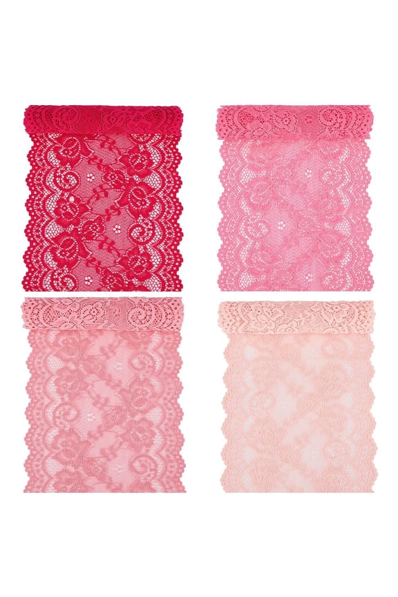 5.9 Inch Wide 4 Yards 4 colors Stretch Flower Wavy Edge Lace Trim Elastic Nylon Lace Ribbon Web Craft Fabric Scallop Headband Embroidery Crochet Tulle for Wedding Decor Sewing Hair