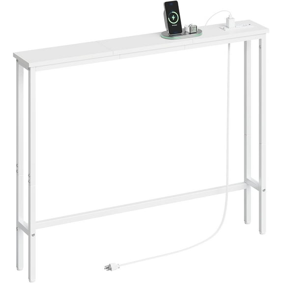 5.9" Narrow Console Sofa Table with Power Outlets, Total 39.4 Long Behind Couch Charge Station and 5.9 Extension Cord for Living Room, D x 39.4W 29.5H, White