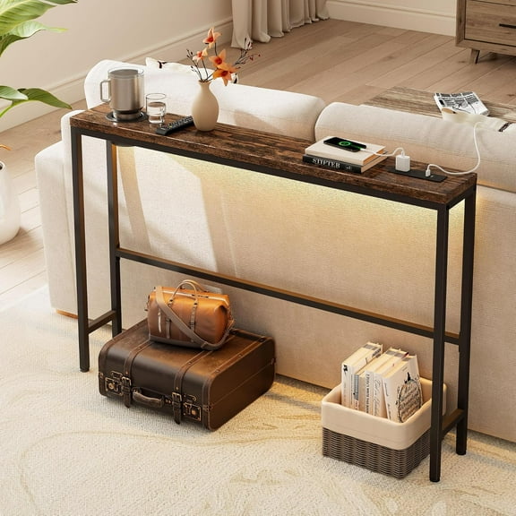 5.9" Narrow Console Table with Charging Station, Behind Sofa Table with LED Lights, Skinny Couch Table with Metal Frame, Entryway Table for Living Room, Rustic Brown
