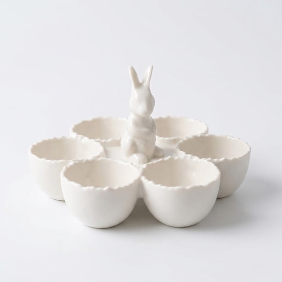 5.9" White Ceramic Easter Bunny Deviled Egg Tray - Porcelain Rabbit Serving Plate for Spring Brunch - Cute 6-Slot Jewelry Ring Holder & Earring Dish - Farmhouse Vanity Decor & Basket Stuffer Gift