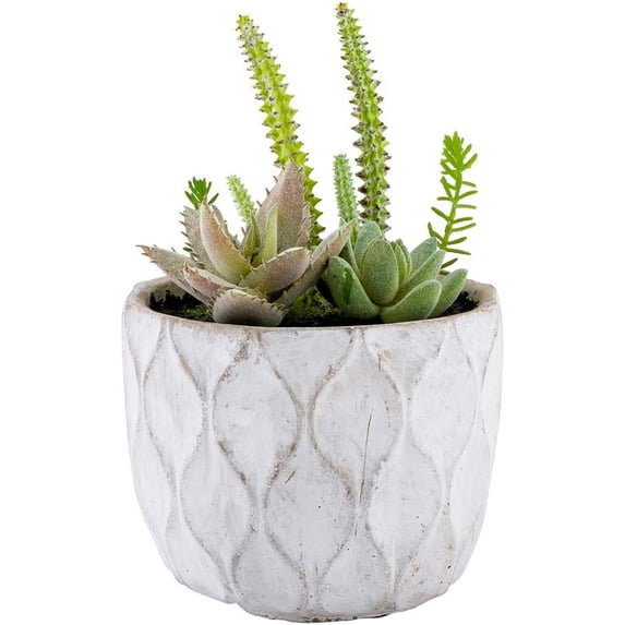 5.9 X 7.9 Inch Artificial Succulent Arrangement in Concrete Planter - Light Gray Round Fake Plant for Table, Shelf, or Centerpiece Decor