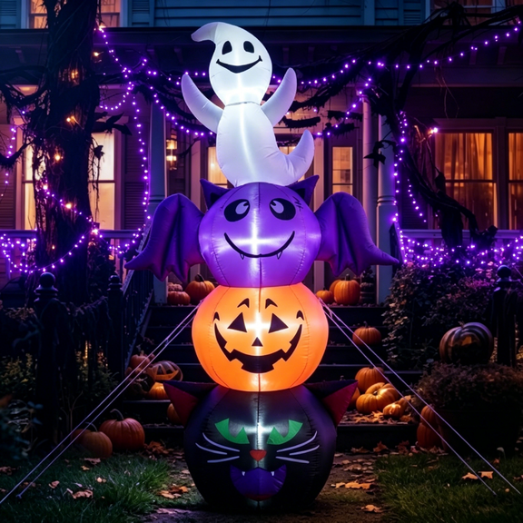 5.9 ft Halloween Inflatable Outdoor Decorations, LED Ghost Pumpkin Bat Cat Yard Decor with Built-in Lights, Quick Inflate Blower, Stakes and Ropes for Lawn, Porch, Party
