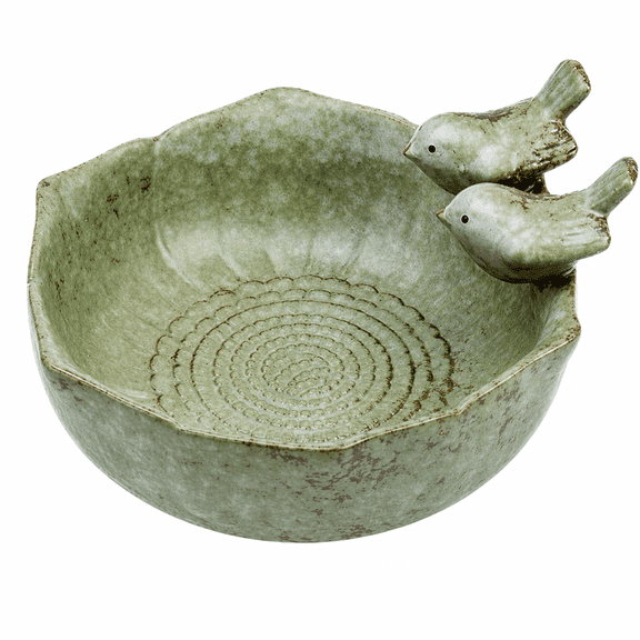 5.9 in Ceramic Bird Bath and Feeder Bowl with Bird Figurines, Small Outdoor Water Dish for Garden, Balcony, Bee Bath