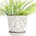 thumbnail image 1 of 5.9 inch Round Bohemian Style Ceramic Planter, Geometry Engrave Off White Brown Planter Flower Pot, Indoor Outdoor Decorative Planter, 1 of 7