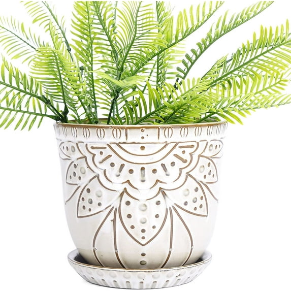 5.9 inch Round Bohemian Style Ceramic Planter, Geometry Engrave Off White Brown Planter Flower Pot, Indoor Outdoor Decorative Planter