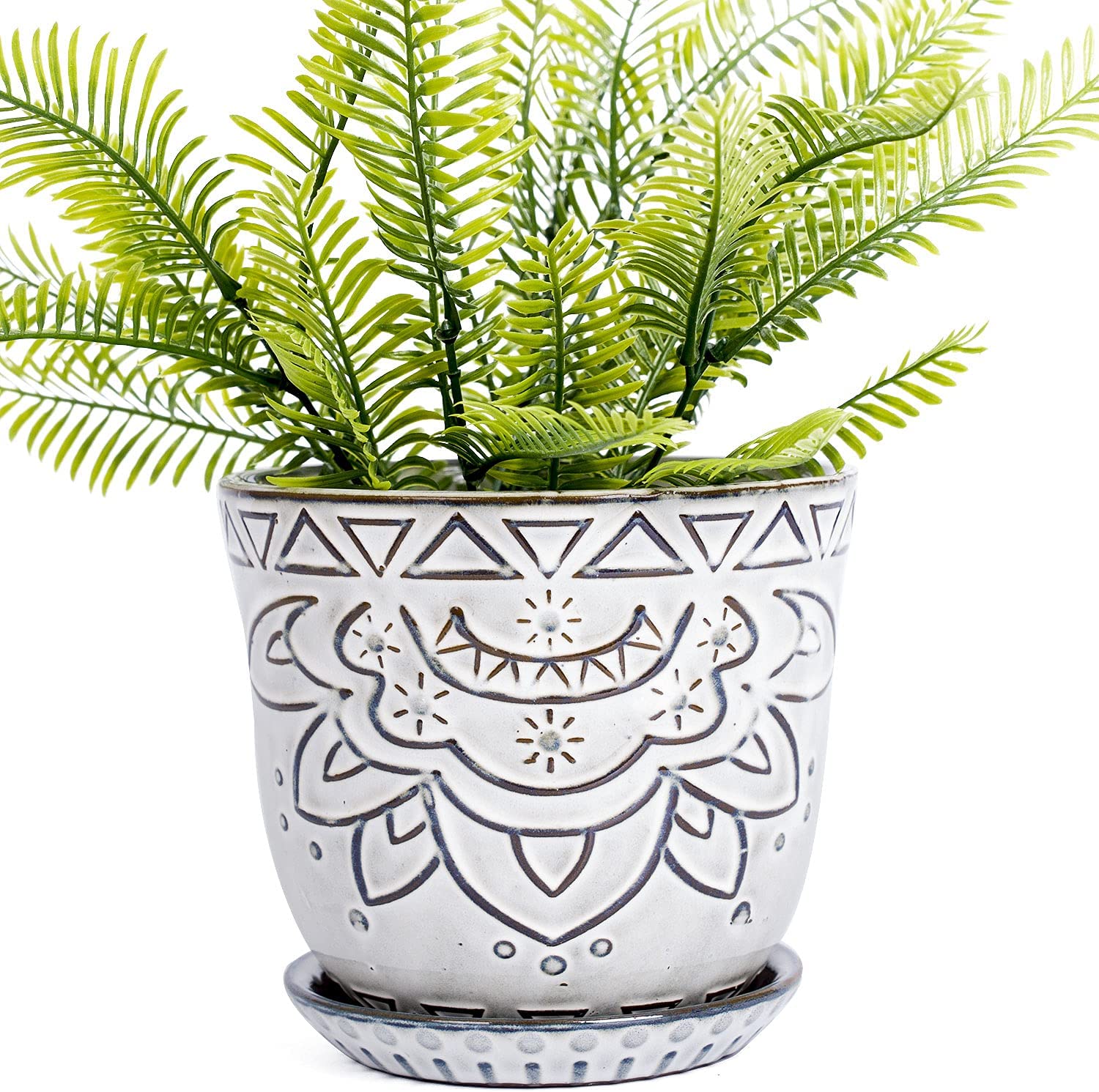 Geometry Pot 5.9 inch Round Bohemian Style Ceramic Planter, Geometry Engrave Off ...