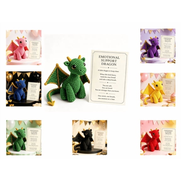 5.9 x 3.1Inch Emotional Support Dragon Comfort Pocket Buddy, Artisan Knitted Dragon Plush Toy with Inspirational Card, Stress Relief Table Accessory, Sweet Fantasy Gift for Coworkers and Collectors