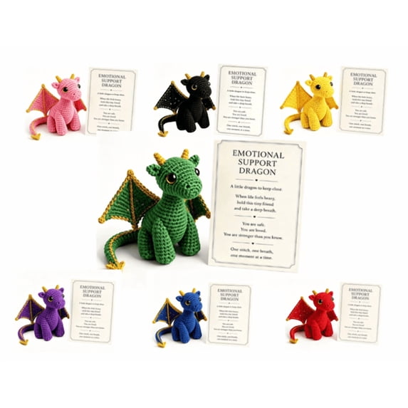 5.9 x 3.1Inch Emotional Support Dragon Pocket Buddy, Hand Sewn Crochet Dragon Plush Keepsake with Uplifting Message Card, Mental Calming Office Decor, One-of-a-Kind Whimsical Present for Collectors